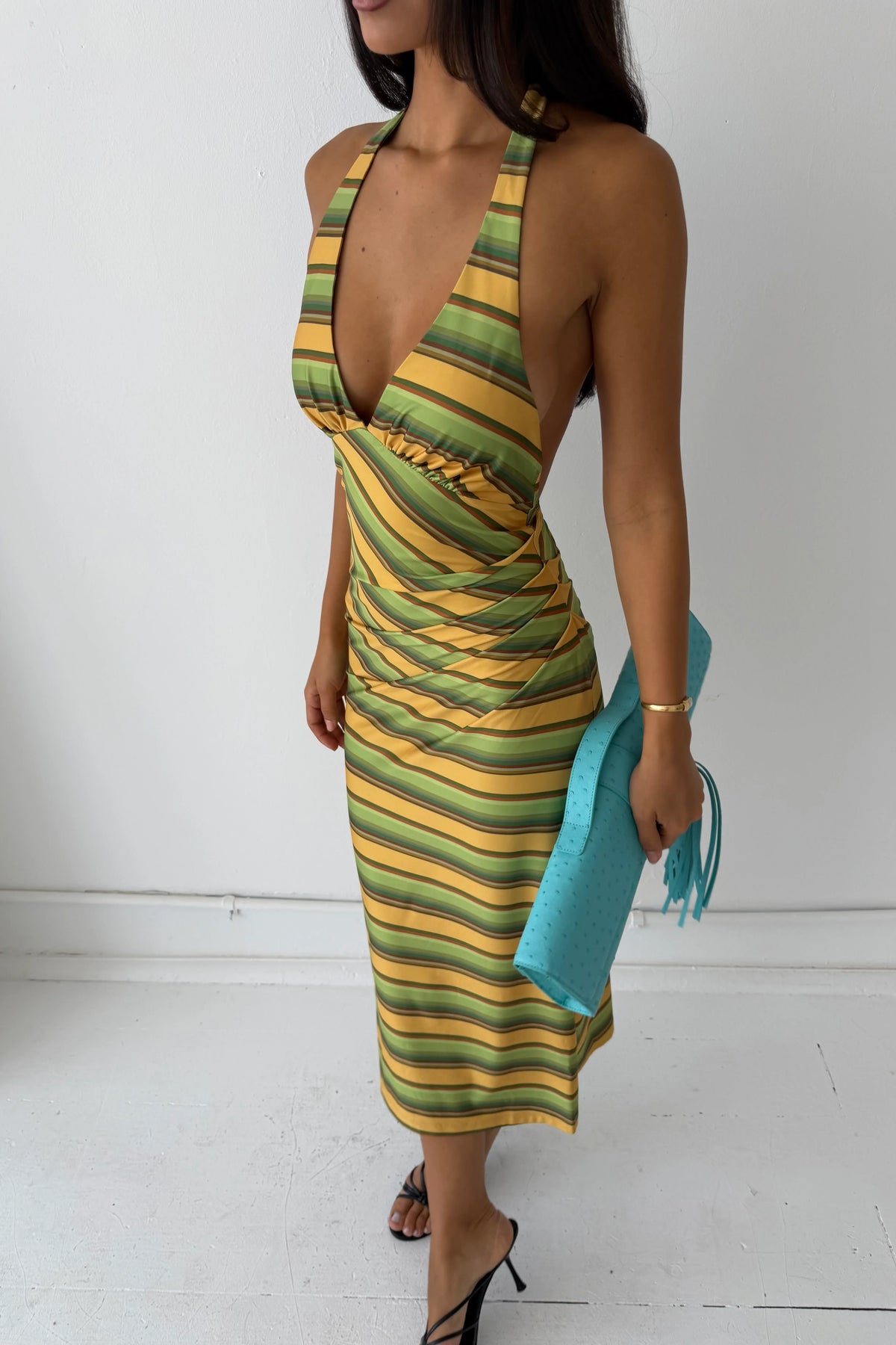 Pleated Backless Halter Dress | Gold Stripe