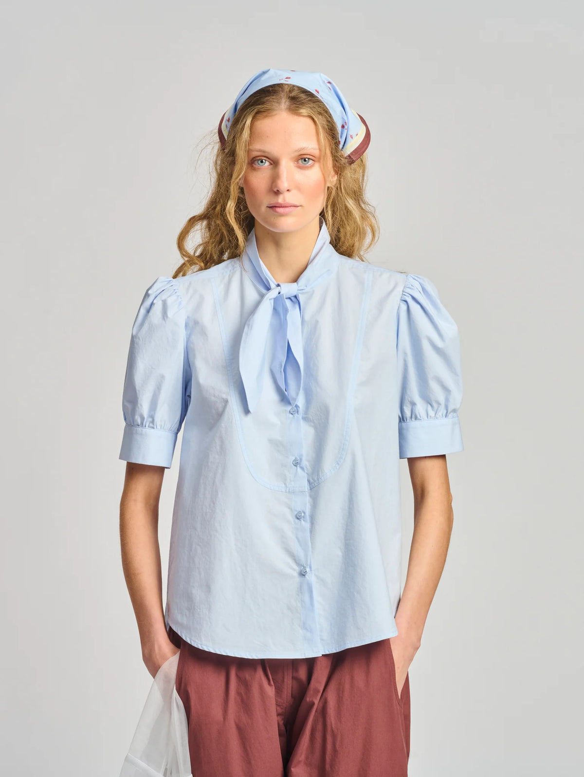 La Barista Tie Neck Tux Shirt | Bluebell