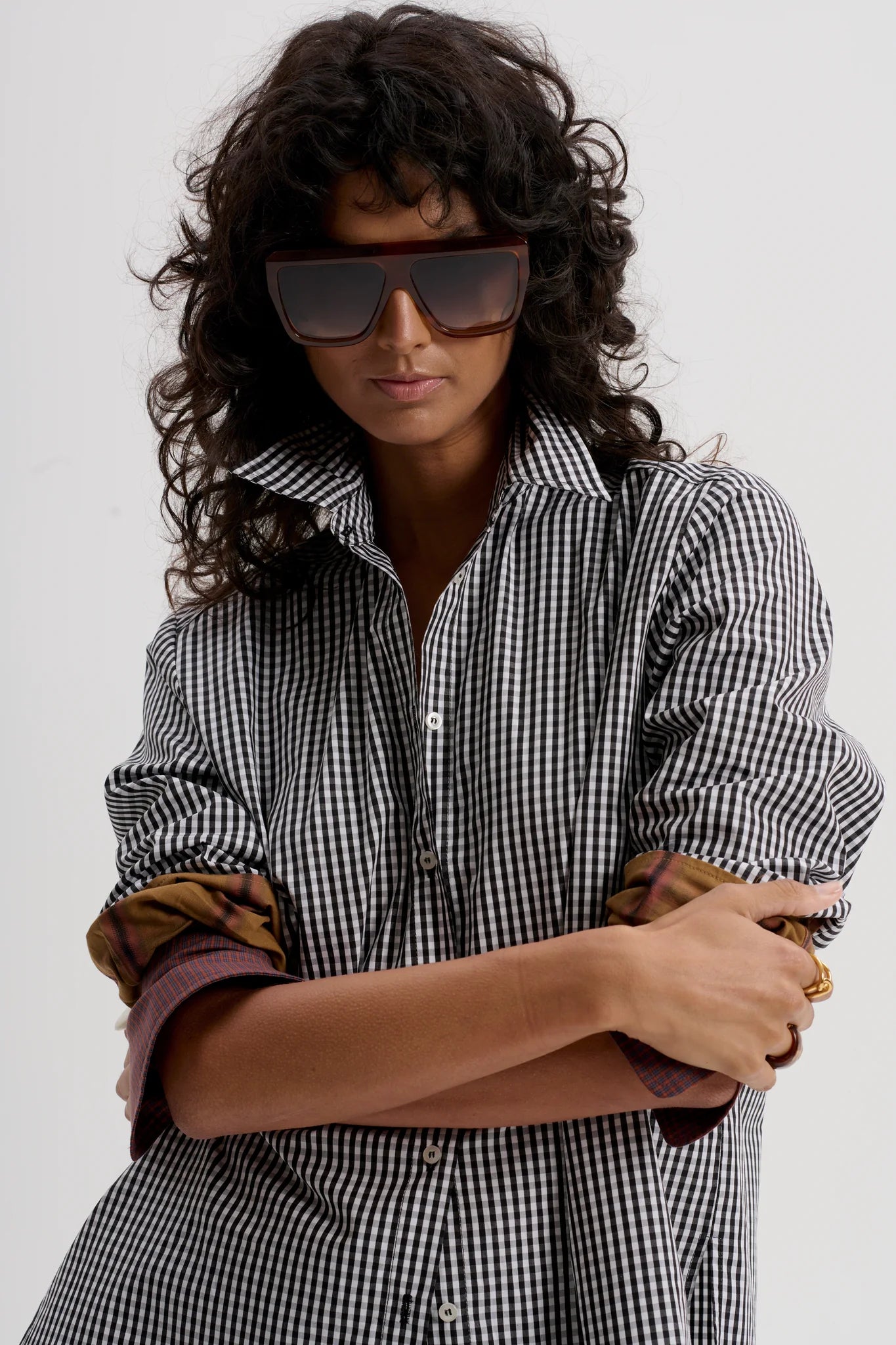 Gingham Shirt with Mixed Cuffs | Black/White