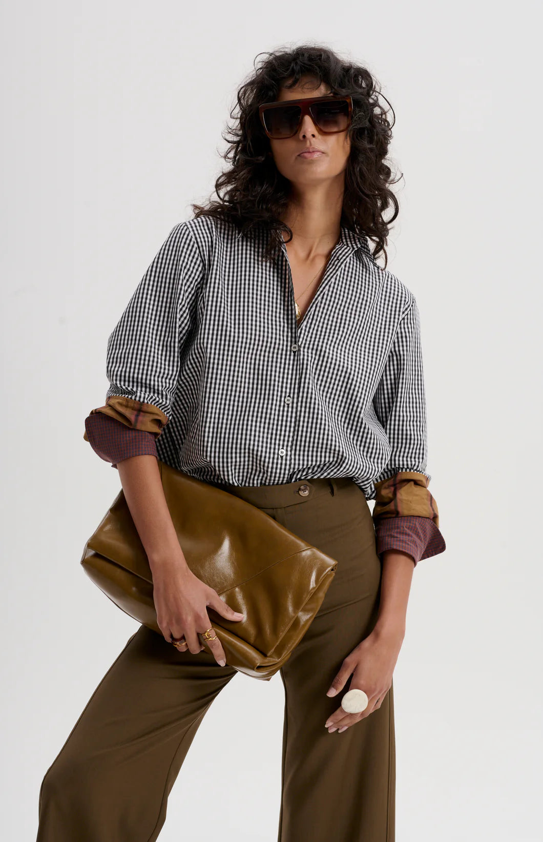 Gingham Shirt with Mixed Cuffs | Black/White