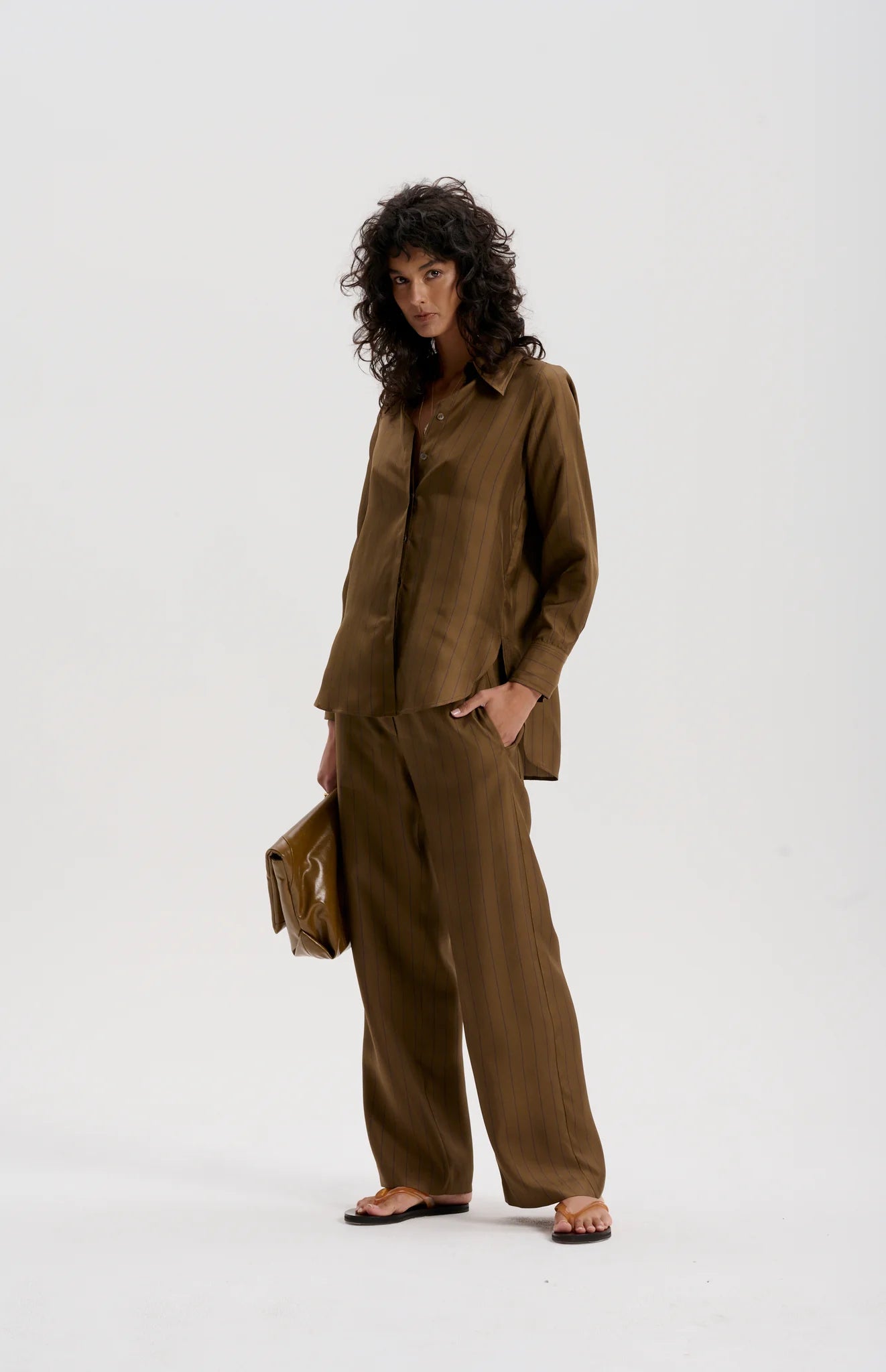 Le Silk Twill Pinstripe Shirt | Olive