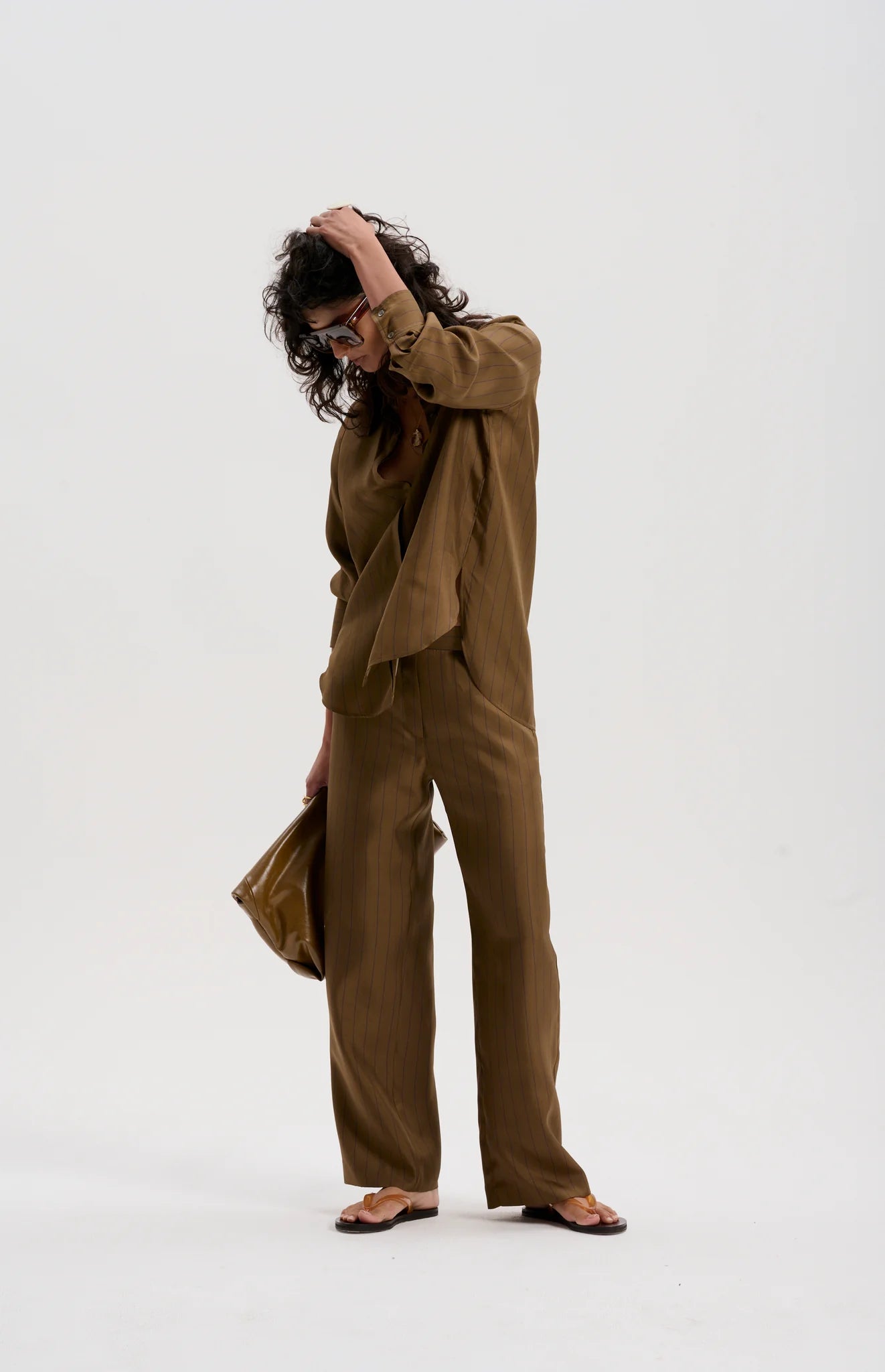 Le Silk Twill Pinstripe Shirt | Olive