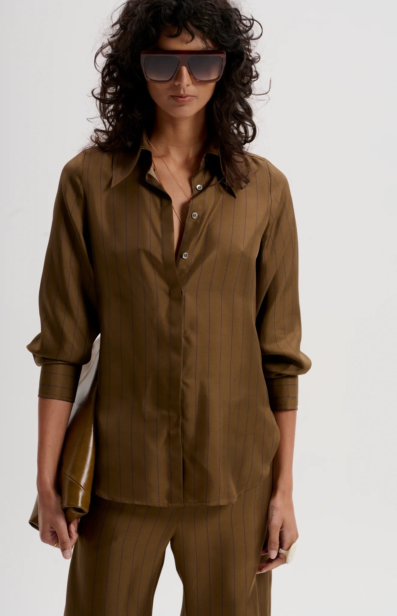 Le Silk Twill Pinstripe Shirt | Olive
