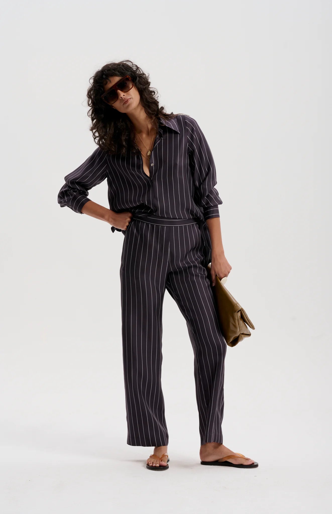Le Silk Twill Pinstripe Shirt | Navy