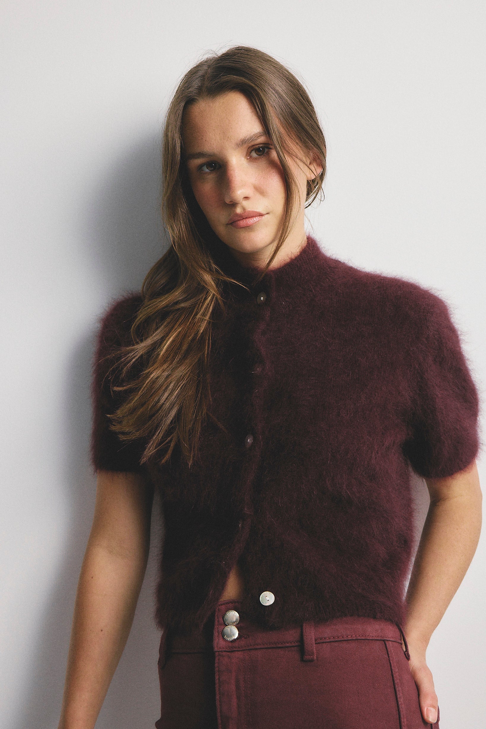 Claudia Cashmere Short Sleeve Cardigan | Aubergine