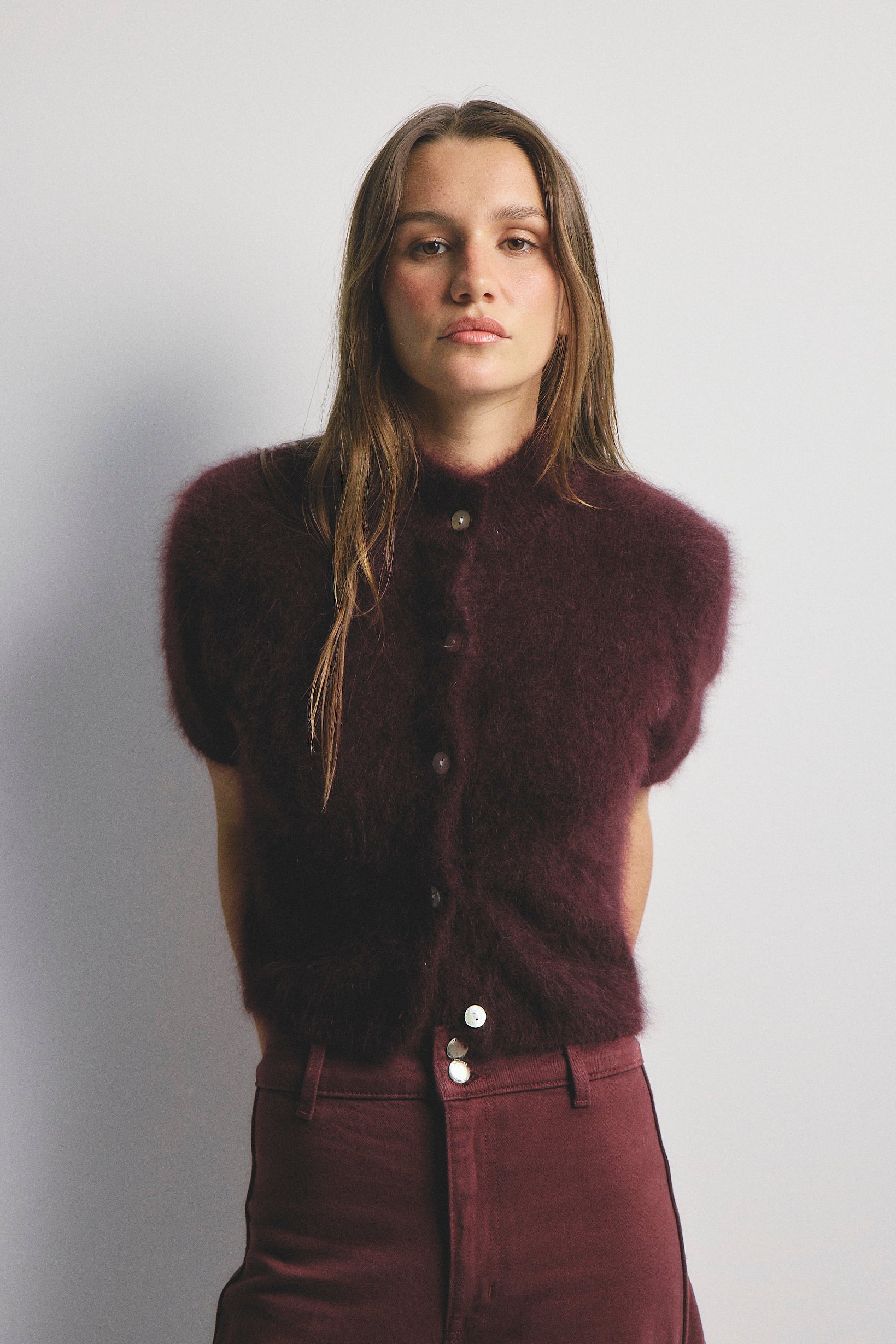 Claudia Cashmere Short Sleeve Cardigan | Aubergine