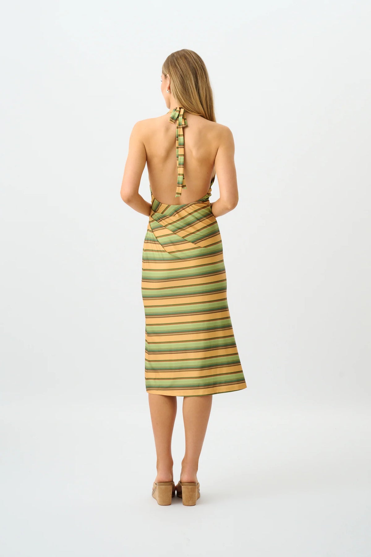 Pleated Backless Halter Dress | Gold Stripe