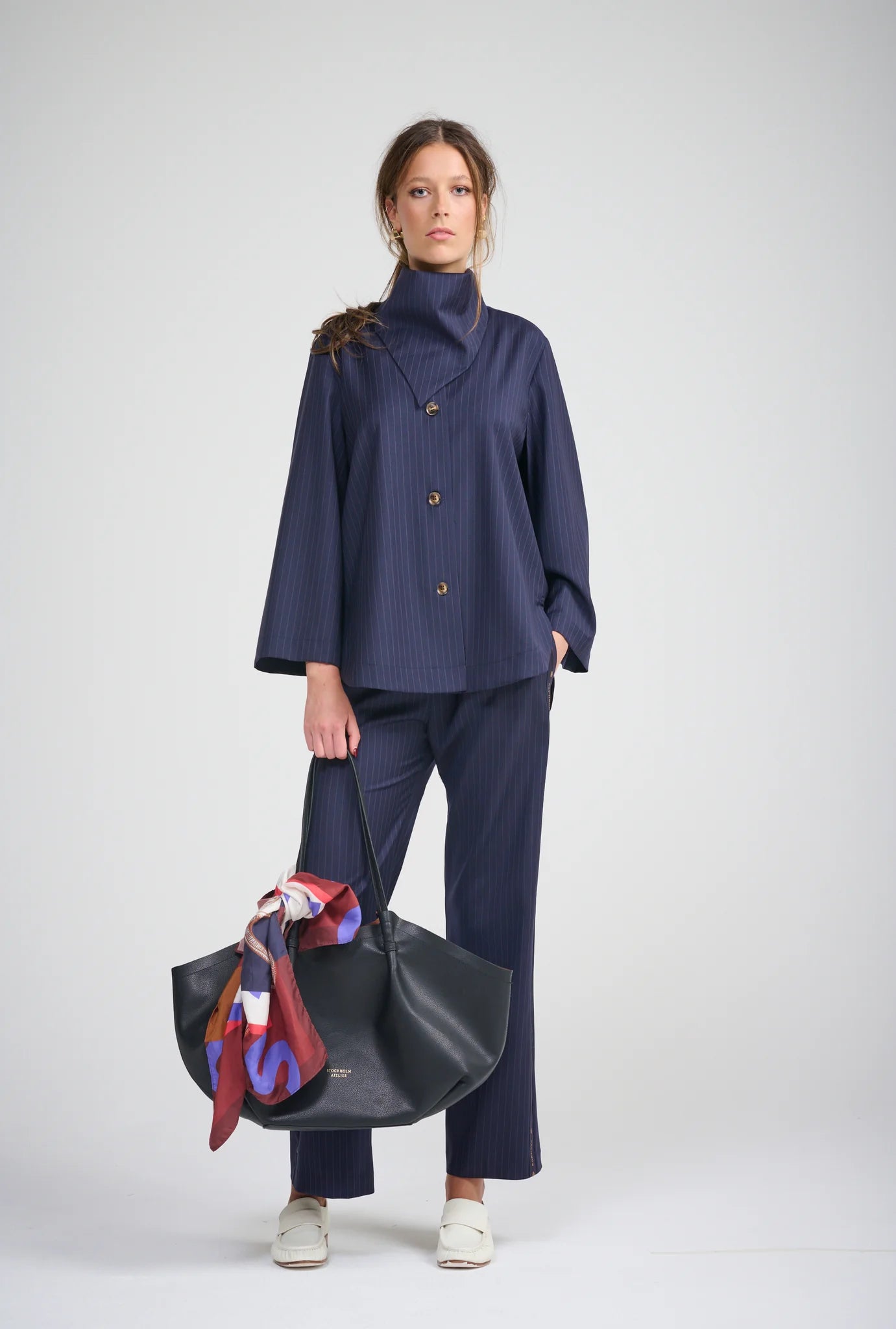 La Maison Pinstripe Shirt Jacket (with neck scarf) | Navy