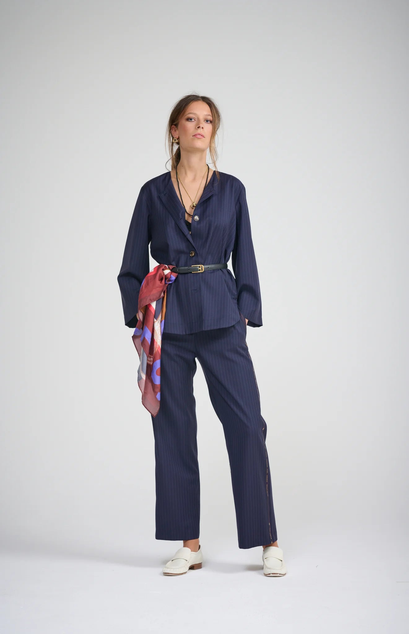 La Maison Pinstripe Shirt Jacket (with neck scarf) | Navy