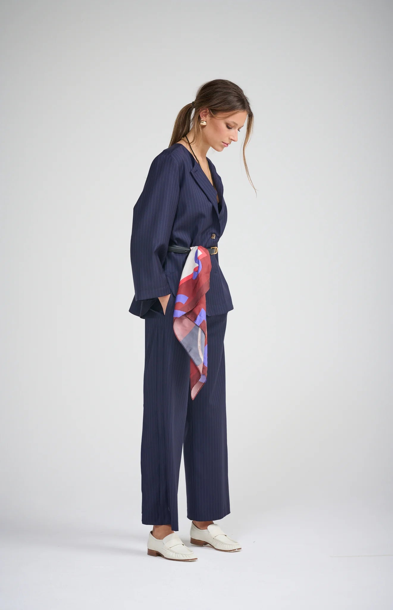 La Maison Pinstripe Shirt Jacket (with neck scarf) | Navy