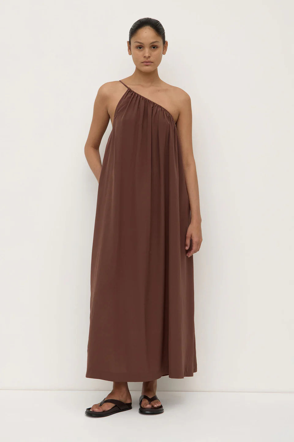 Mila Silk Asymmetrical Maxi Dress | Espresso
