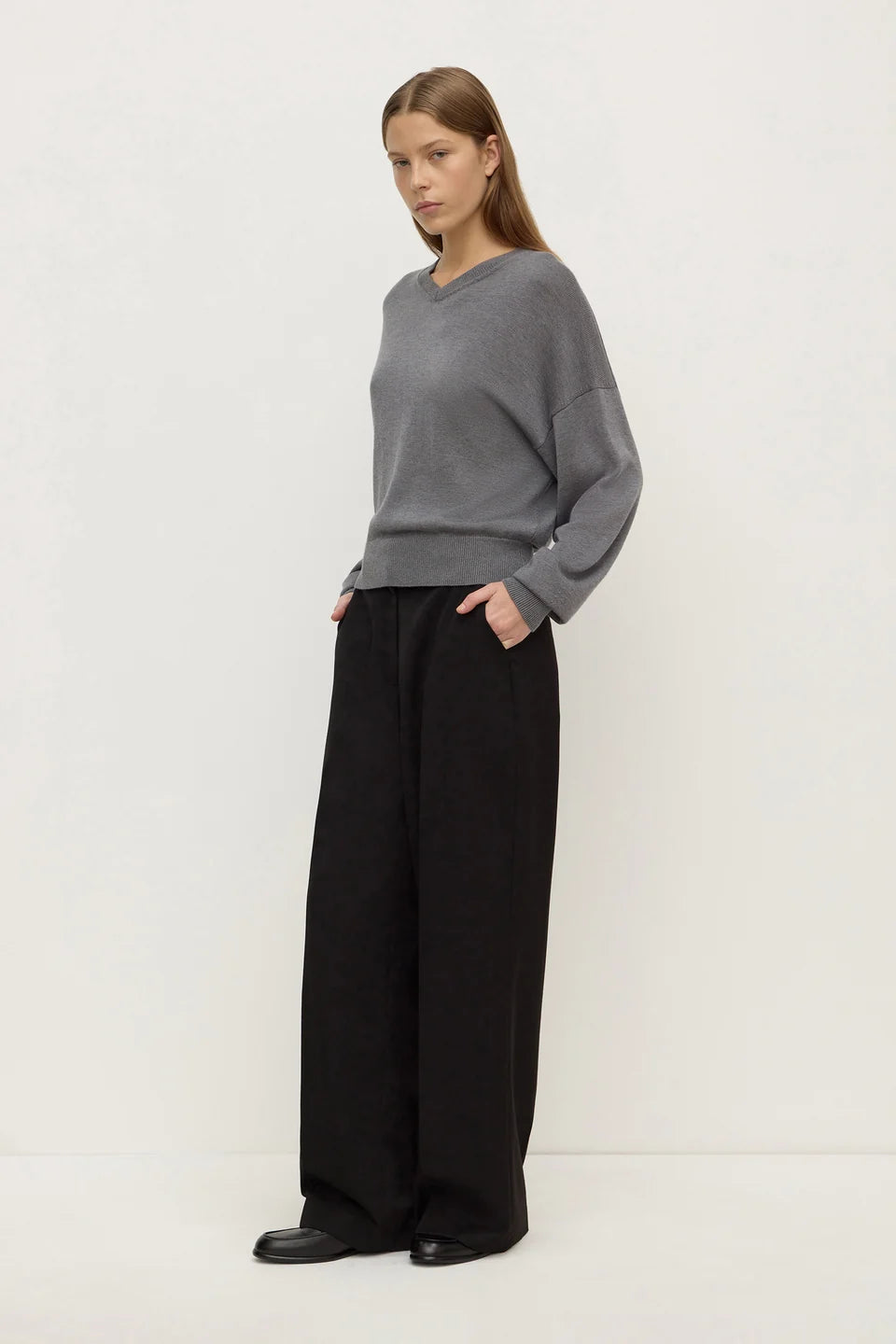 Mira V Neck Sweater | Dark Grey Marle