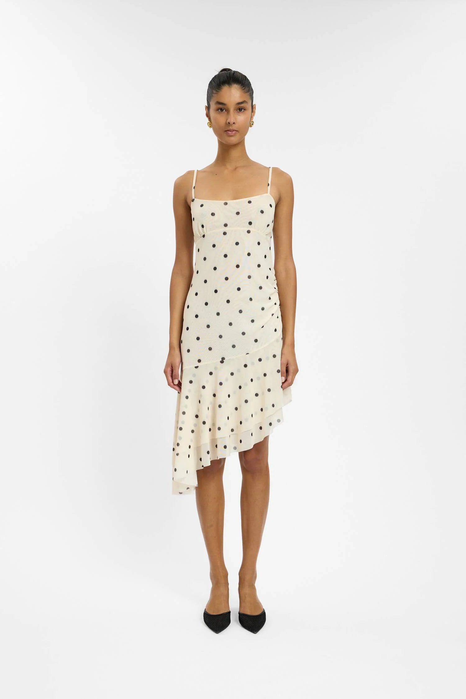 Asymmetrical Frill Midi Dress | Ivory Polka