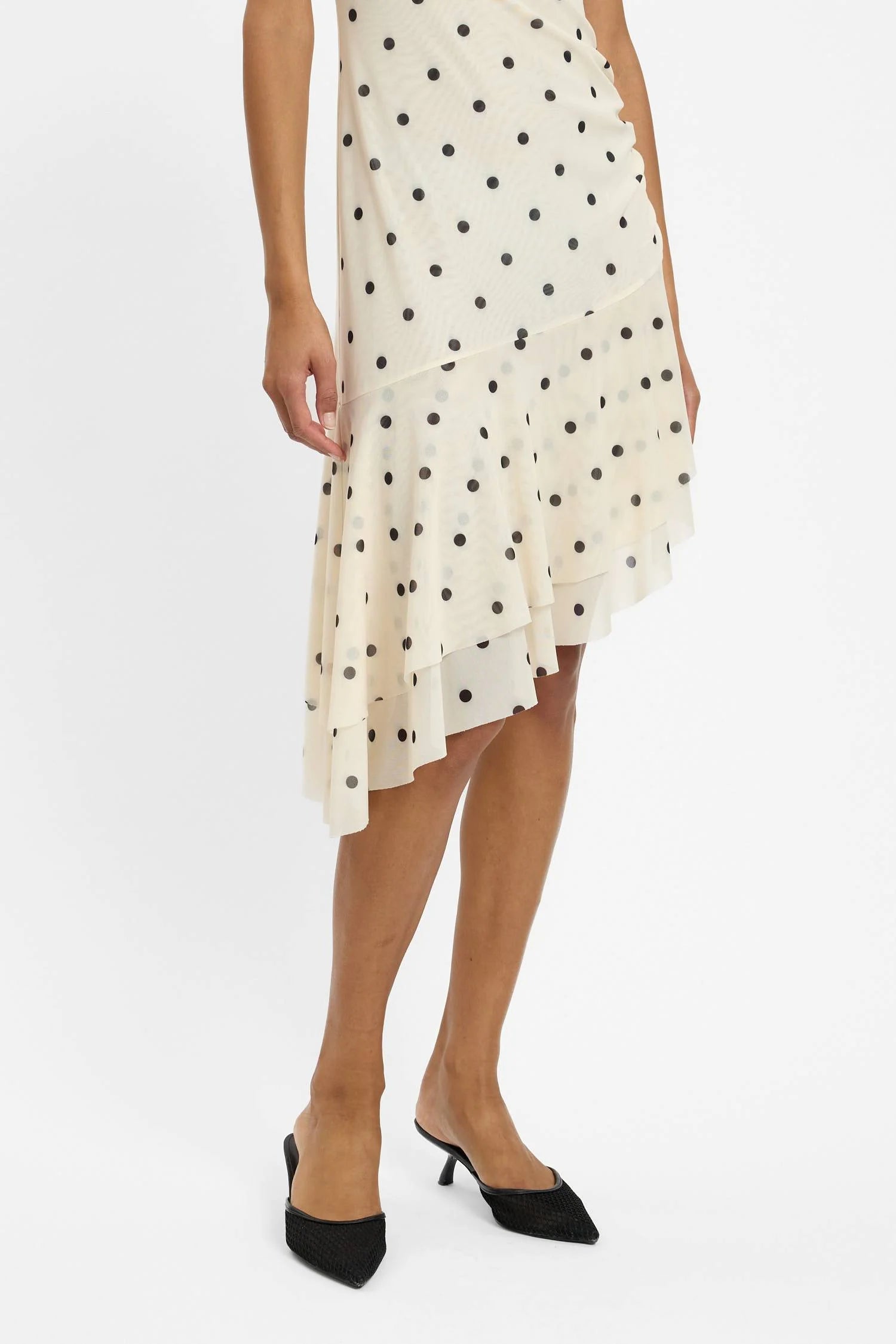 Asymmetrical Frill Midi Dress | Ivory Polka