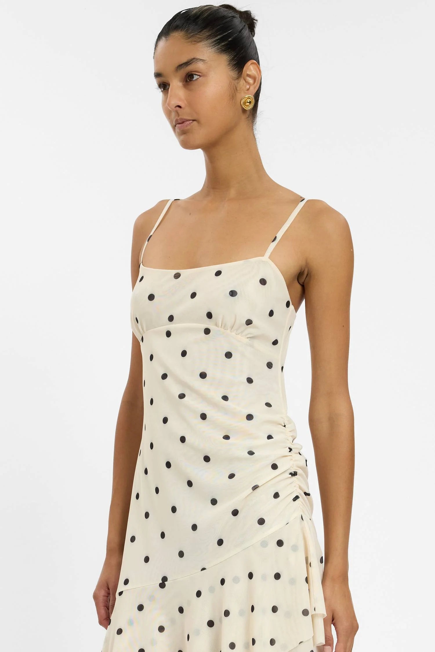 Asymmetrical Frill Midi Dress | Ivory Polka