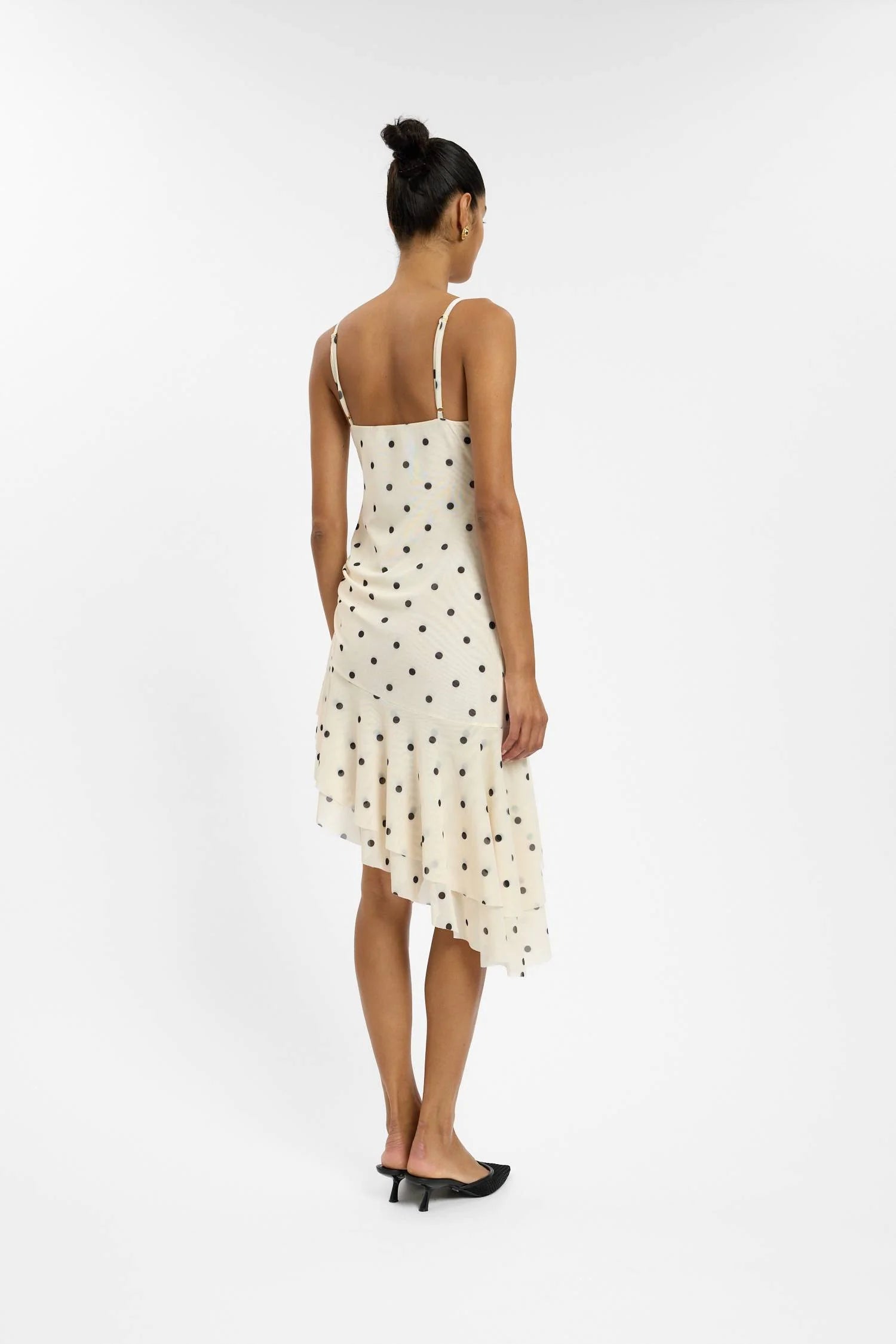 Asymmetrical Frill Midi Dress | Ivory Polka